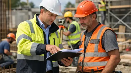 Projektleiter bespricht den Einsatz mit einem Subunternehmer-Team auf der Baustelle