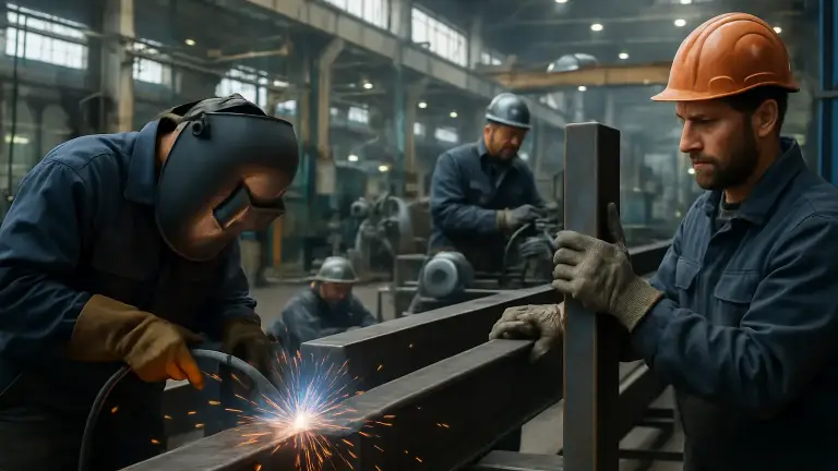 Fachkräfte für Schweiß- und Stahlbauarbeiten in einer Industriehalle