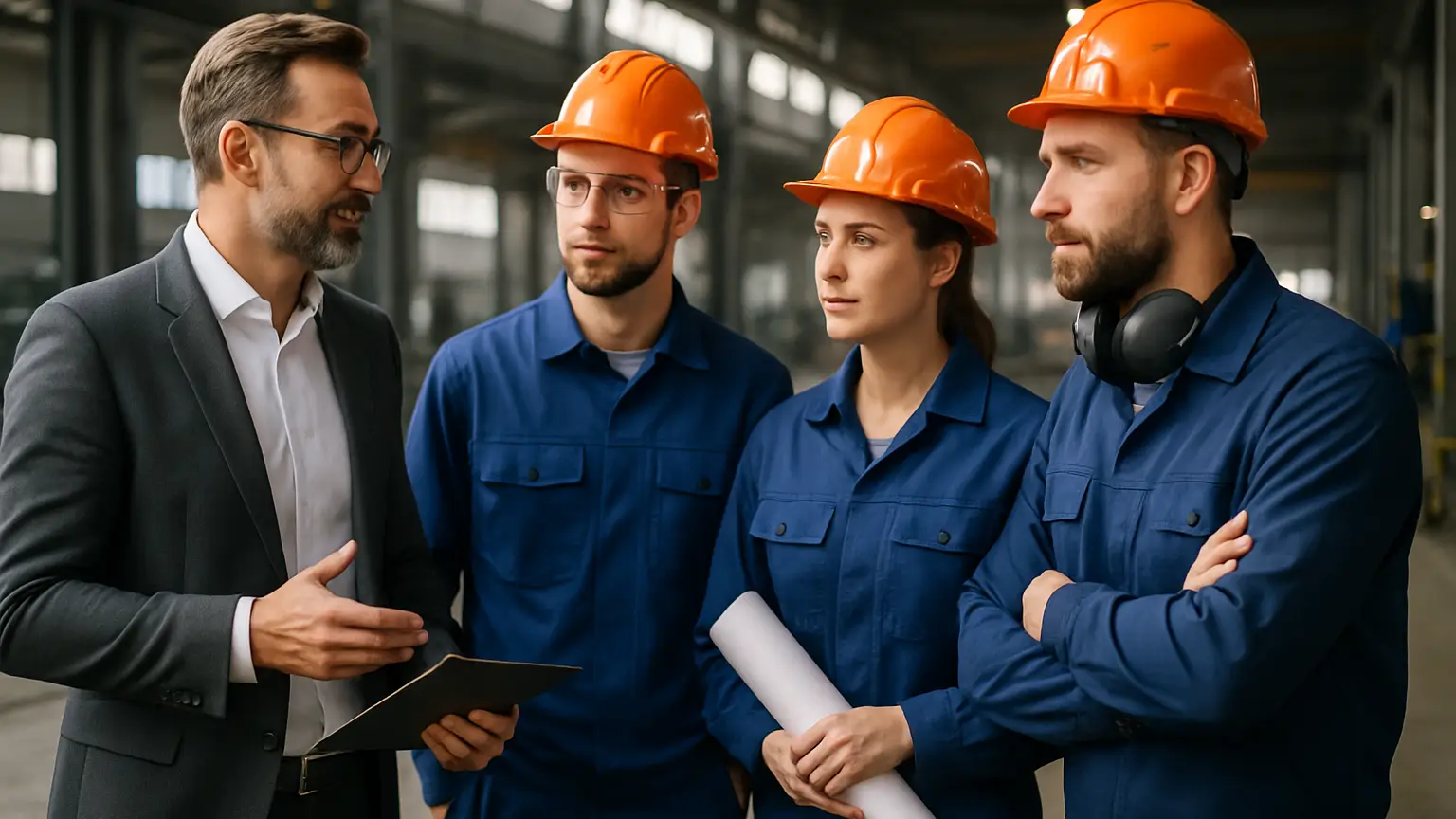 Unternehmer im Gespräch mit Personal aus Polen im Betrieb