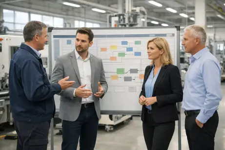 Produktionsleiter und Unternehmensvertreter besprechen ein Outsourcing-Projekt vor einer Planungstafel
