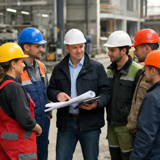 Fachkräfte aus Polen und Osteuropa bei der Abstimmung mit einem Projektleiter vor dem Einsatz