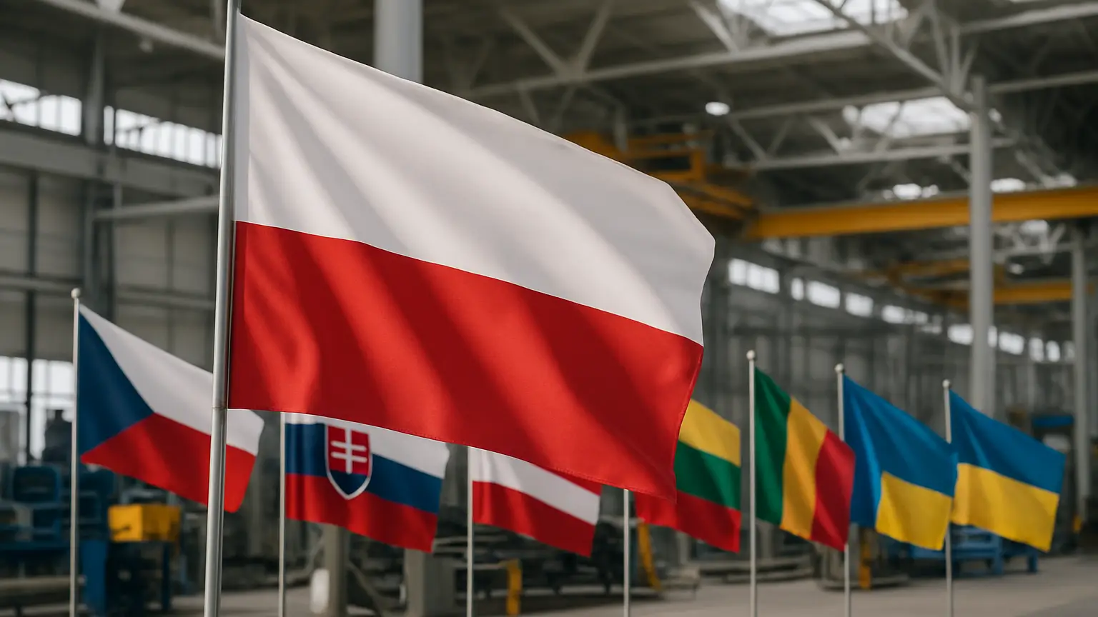 Polnische Flagge vor Osteuropa und Industrie