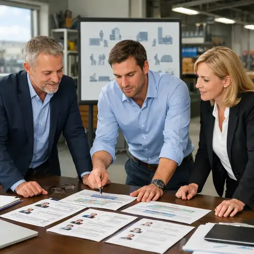 Geschäftsleitung und Projektverantwortliche vergleichen Personaldienstleistungen für Unternehmen