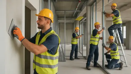 Bauarbeiter aus Polen bei Ausbauarbeiten auf Baustelle