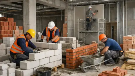 Maurer und Trockenbauer in einem professionell organisierten Baustelleneinsatz