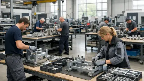 Fachkräfte bei strukturierter Teilfertigung in einer modernen Produktionshalle