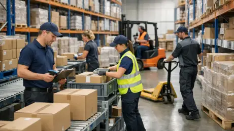 Mitarbeitende steuern Materialfluss und Logistik in einem modernen Lager