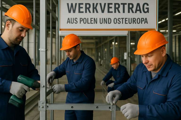 Fachkräfte aus Osteuropa bei einem Werkvertragsprojekt mit Hauptbegriff im Hintergrund