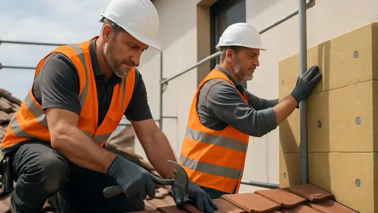 Dachdecker und Fachkräfte für Dach- und Fassadenarbeiten an einem Gebäude