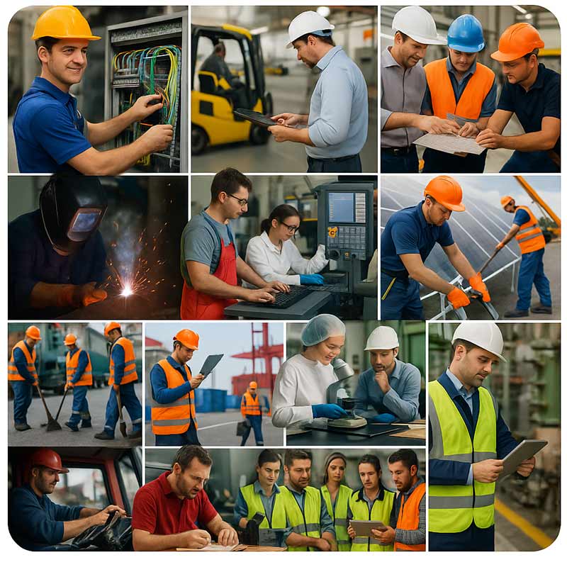 Quadratische Fotocollage mit 12 Motiven aus Industrie und Bau: Elektriker am Schaltschrank, Gabelstaplerfahrer, Ingenieure mit Plänen, Schweißer (TIG/MAG), CNC-Bediener, PV-Montage, Straßenbauer, Laborarbeit am Mikroskop, Qualitätsprüfung, Logistik-Team, Fahrer unterschreibt Frachtpapiere, Vorarbeiter mit Tablet