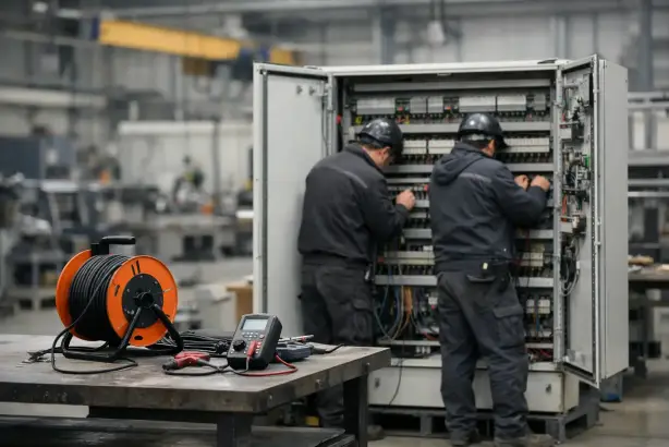 Arbeiten am Schaltschrank Industrieelektriker vor einem geöffneten Schaltschrank in einer Industriehalle