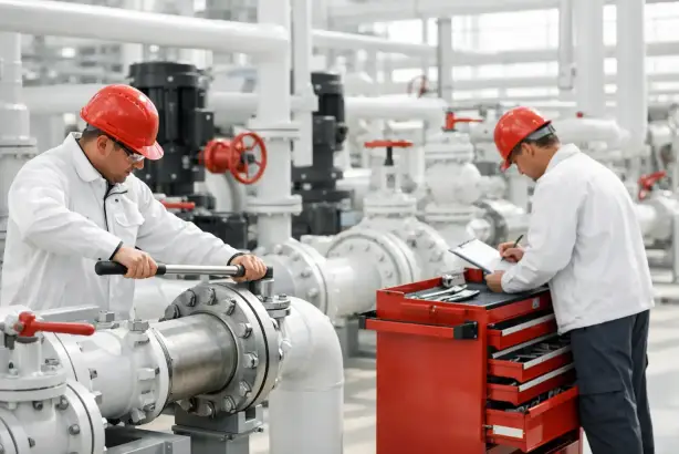 Wartung an einer Industrieanlage Zwei Techniker bei Wartungsarbeiten an einer Rohrleitung