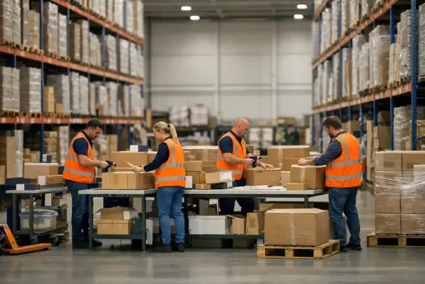 Kommissionieren im Lager Polnische Lagermitarbeiter beim Scannen und Verpacken von Waren im Regallager