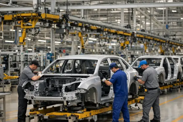 Montage in der Automobilproduktion Mitarbeiter bei der Montage einer Karosserie an der Automobil-Montagelinie