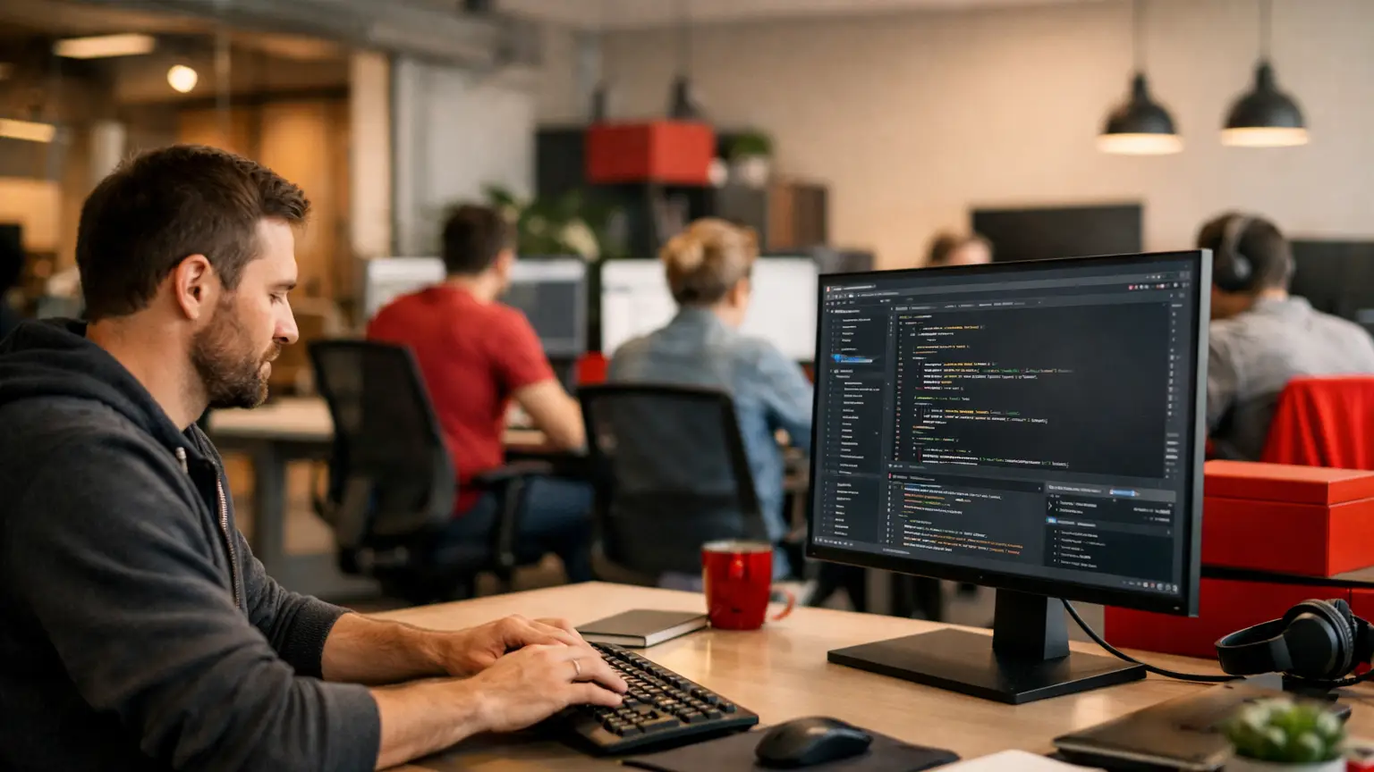 Polnische IT-Fachkraft arbeitet in modernem Büro mit Team im Hintergrund