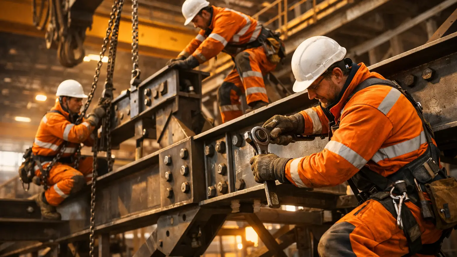 Facharbeiter aus Polen bei einer spektakulären industriellen Montage in moderner Arbeitsumgebung