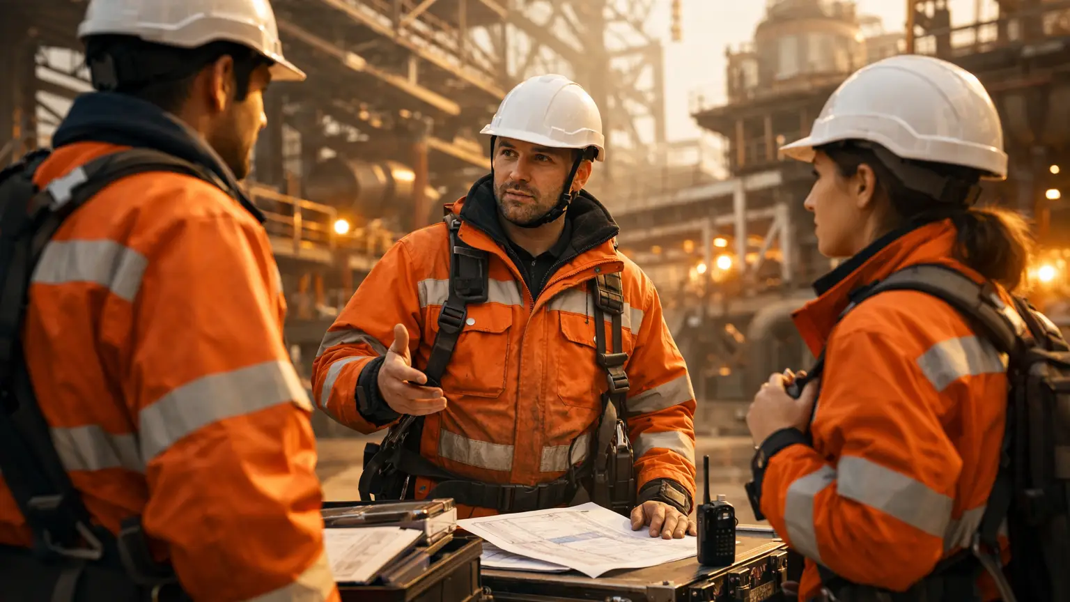 Entsandte Fachkräfte in orangefarbener Arbeitskleidung bei einem professionell vorbereiteten Einsatz