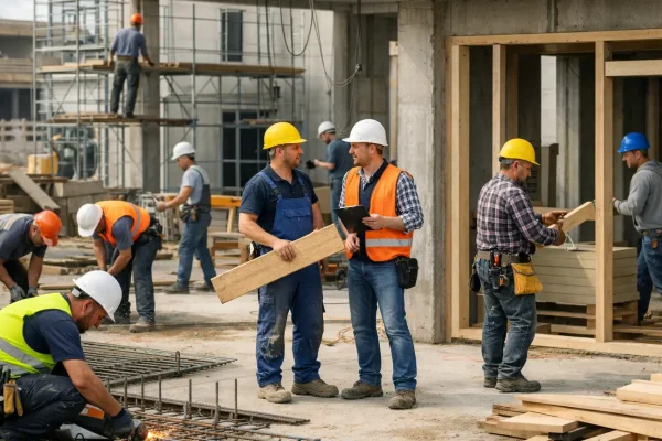 Bauarbeiter und Handwerker auf einer modernen deutschen Baustelle, mehrere Personen mit Schutzhelmen und Arbeitskleidung, realistische Arbeitssituation im Baugewerbe, Rohbau und Ausbau im Hintergrund, natürliche Perspektive mit ausreichend Abstand, keine Person zeigt mit dem Finger, keine Texte, keine Logos, professionelle helle Farbgebung, hochwertiger realistischer