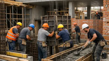 rohbau-tragende-arbeiten Bauarbeiter bei Beton- und Rohbauarbeiten mit Schalung, Bewehrung und frischem Beton auf einer Baustelle