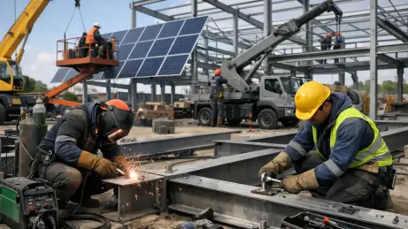 montage-spezialarbeiten-bau Arbeiter bei Stahlmontage und Schweißarbeiten auf einer Baustelle mit sichtbaren PV-Modulen und Metallkonstruktion