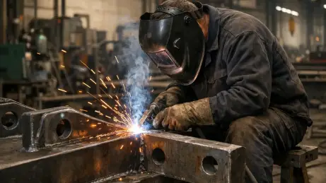 Schweißer bearbeitet ein schweres Stahlbauteil in einer industriellen Werkstatt