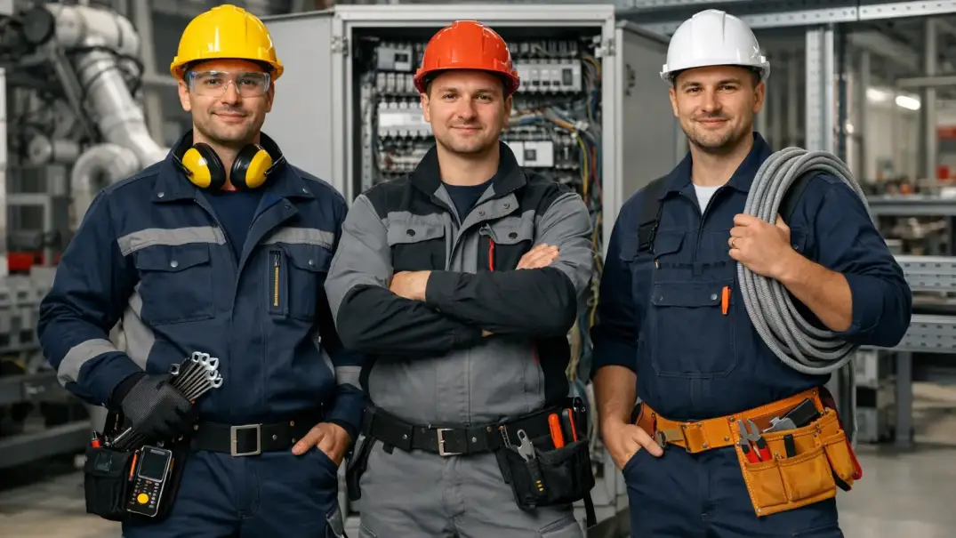 Drei Elektriker und Elektrotechniker aus Polen mit unterschiedlichen Spezialisierungen in einer Industrieumgebung
