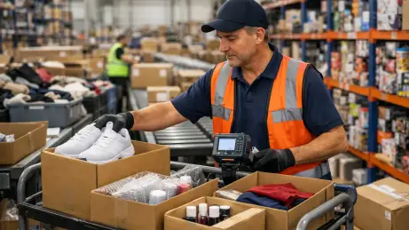 Kommissionierung im E-Commerce Kommissionierer beim Zusammenstellen von Versandaufträgen in einem E-Commerce-Fulfillment-Center