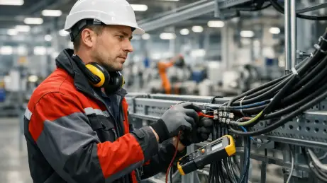 Industrieinstallation und Betriebstechnik Industrieelektriker aus Polen bei Arbeiten an Kabeln und elektrischen Installationen in einer Produktionshalle