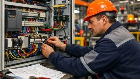 Schaltschrankbau in industrieller Umgebung Schaltschrankverdrahter bei der Verdrahtung eines Schaltschranks in industrieller Umgebung