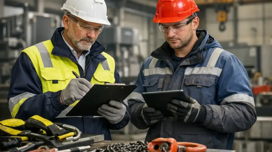 Vorarbeiter und Monteur bei Sicherheitskontrolle, Qualitätsprüfung und Baustellendokumentation in einer Industriehalle