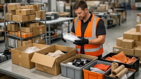Mitarbeiter bei der Bearbeitung von Retouren und beim Umpacken von Ware im Lager