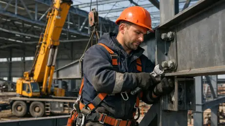 Stahlbaumonteure aus Osteuropa bei der Montage einer Stahlkonstruktion