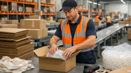 Verpacker aus Polen bei der Versandvorbereitung von Kartons an einem Packtisch im Lager