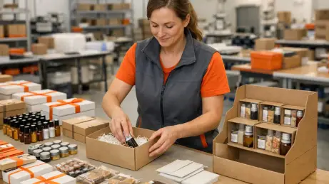 Mitarbeiterin bei der Konfektionierung von Produkt-Sets und Geschenkverpackungen