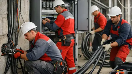 Elektriker aus Polen bei Elektroinstallationen auf einer Baustelle