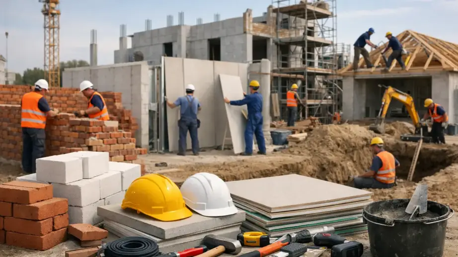 Baupersonal für Rohbau, Ausbau und Baunebengewerbe auf einer deutschen Baustelle