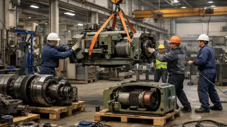 Montageteam verlagert schwere Industriemaschinen mit Hebetechnik in einer Werkhalle