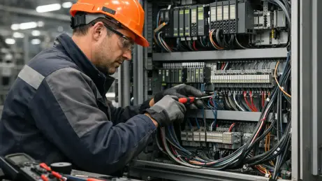 Industrieelektriker verdrahtet einen Schaltschrank mit Steuerungs- und Automatisierungstechnik