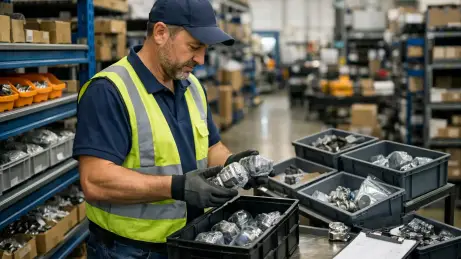 Kommissionierung in der Werkslogistik Kommissionierer bei der Materialbereitstellung von Ersatzteilen in einem Industrielager