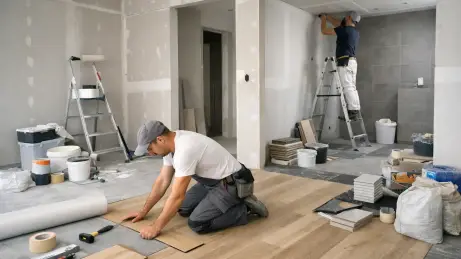 ausbau-renovierung-handwerker Handwerker bei Innenausbau und Renovierung mit Bodenbelag, Leitern, Werkzeugen und Baumaterialien in einem modernen Raum