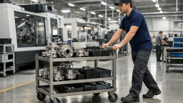 Innerbetrieblicher Materialtransport in einer modernen Produktionshalle