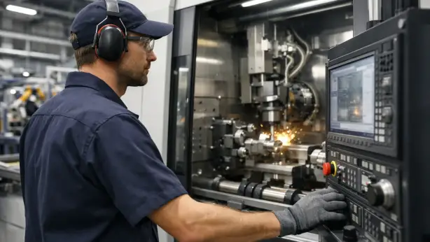 Maschinenbediener überwacht eine industrielle Produktionsmaschine