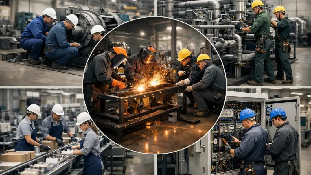 Verschiedene Industrieteams aus Polen und Osteuropa arbeiten in einer modernen Produktionshalle an Maschinen, Rohrleitungen, Schweißarbeiten und Steuerungstechnik