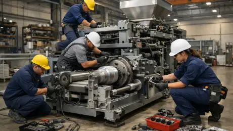 Techniker montieren eine große Industriemaschine in einer modernen Produktionshalle