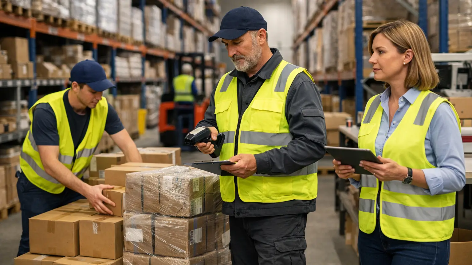 Lagerhelfer, Lagerarbeiter und Fachkraft für Lagerlogistik bei der Arbeit in einem modernen Logistiklager