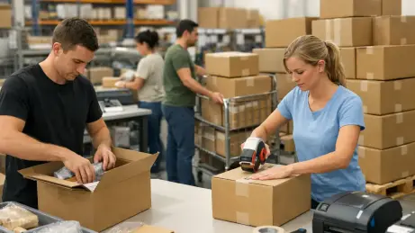 Versandmitarbeiter aus Polen und Osteuropa beim Verpacken und Vorbereiten von Paketen in einem Fulfillment-Center