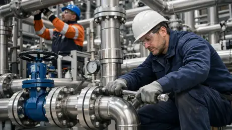 Rohrleitungsmonteure arbeiten an industriellen Rohrsystemen mit Flanschen und Ventilen
