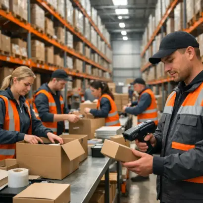 Lagerpersonal aus Polen und Osteuropa beim Kommissionieren, Scannen und Verpacken von Waren in einem modernen Distributionslager
