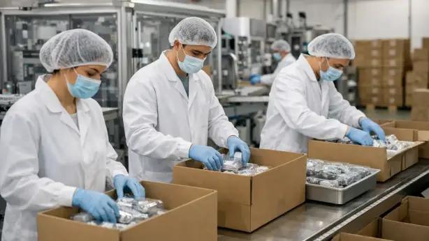 Produktionshelfer an einer Fertigungslinie bei Verpackung und Sortierung
