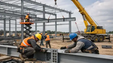 Stahlbaumonteure montieren Träger für eine industrielle Hallenkonstruktion